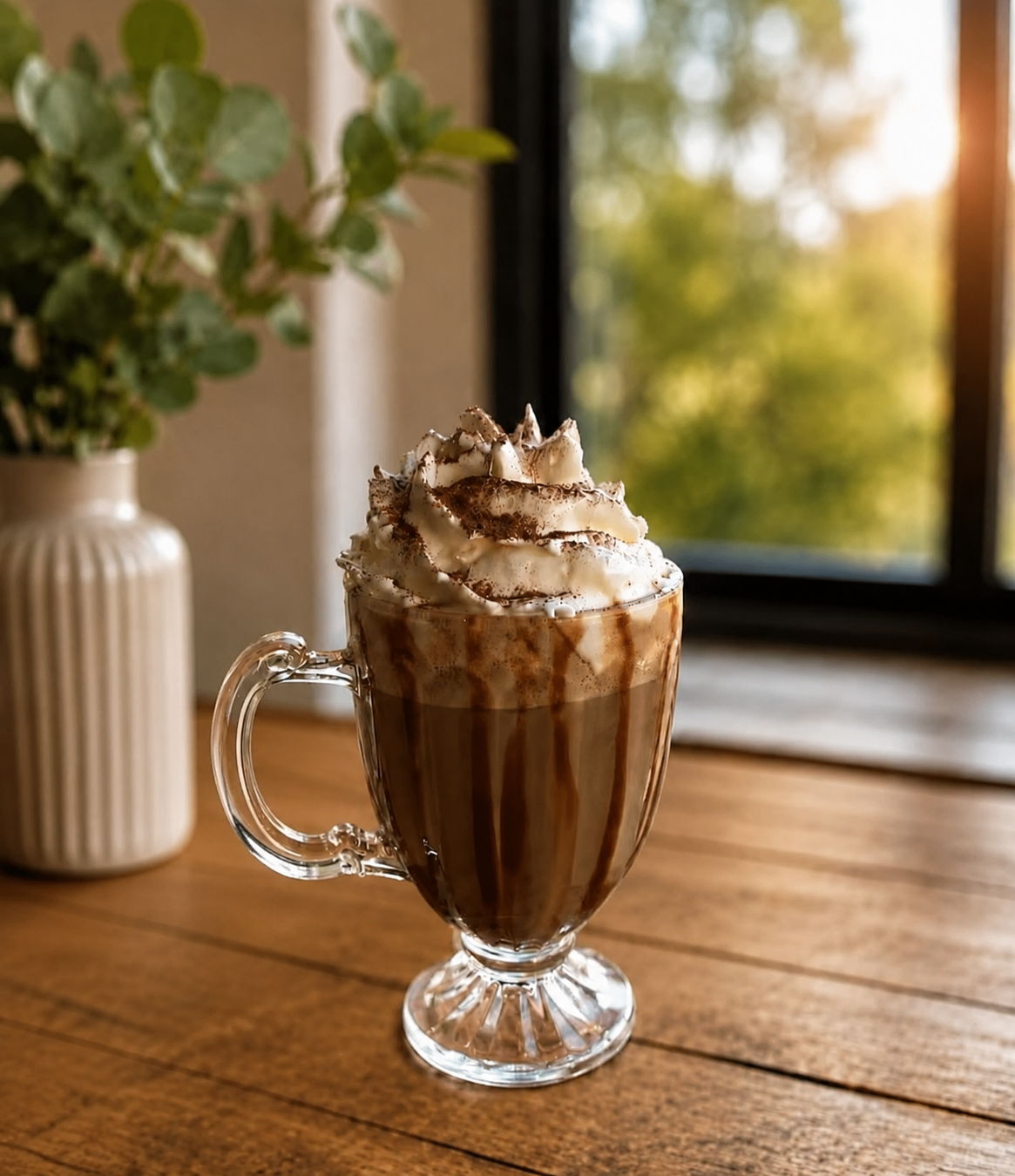 Café cremoso com chantilly e canela servido na cafeteria
